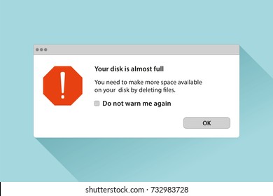 Error copying files, disk is full, pop-up window in flat style, vector design object for you project