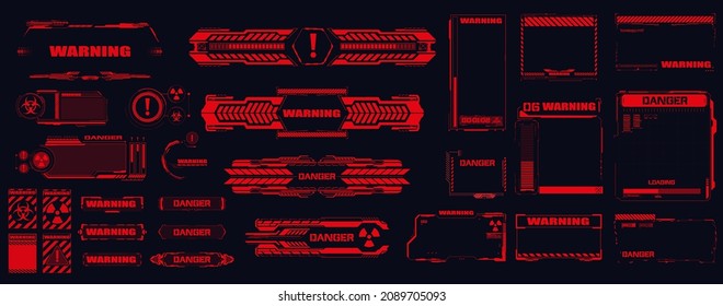 An error or damage during an attack and system failure. High-tech and digital cyber frames warn of a warning on the screen. Warning frame. Abstract tech design. Hi-tech callout bar labels. Vector