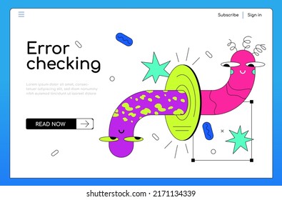 Error and data checking - colorful flat design style banner with place for text. Neon colored composition with CD storage medium with rewrite possibility. Initial information, replacement idea
