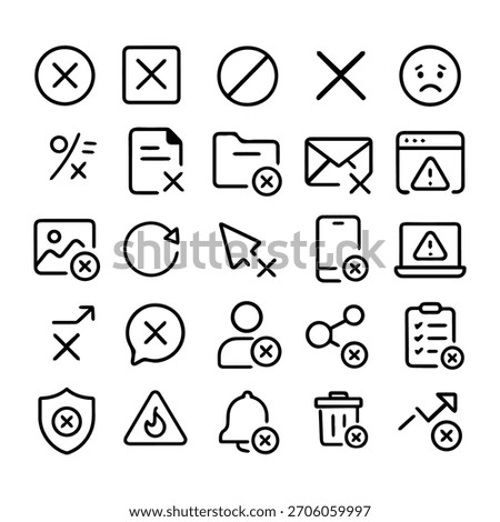 Error, Delete, and Denied Outline Icon Set Vector, Line Art Warning, Cancel, Remove, and Negative Feedback Symbols Collection for UI, UX, and Notification Design