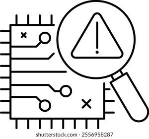 Error Detection icon. Magnifying glass over circuits symbolizing AI-based error analysis. Ideal for diagnostics tools. Simple Black outline