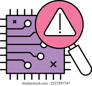 Error Detection Icon – Magnifying Glass Over Circuit Board with Alert, Representing Identification of Issues in Systems. Vector illustration.