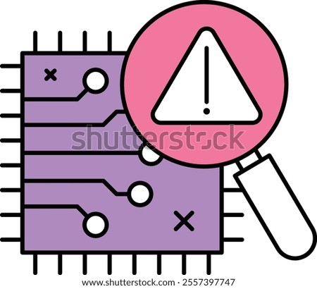 Error Detection Icon – Magnifying Glass Over Circuit Board with Alert, Representing Identification of Issues in Systems. Vector illustration.
