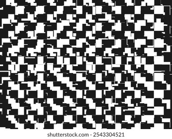 Error digital concept. Black random shapes on white background. Wrong lines and blocks. Video distortion effect. Abstract pixels and noise. Vector illustration.