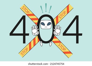 Error And Emergency Sign In Laptop Concept. 404 Numbers And Stop Emergency Sign With Robot Denying With Hands Meaning Having Problem Error Virus In Laptop Computer Vector Illustration 