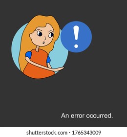 Ein Fehler oder ein Fehler ist aufgetreten, ein Zeichen für ein Computersystem. Benutzer von jungen Mädchensystemen. Bildzeichen