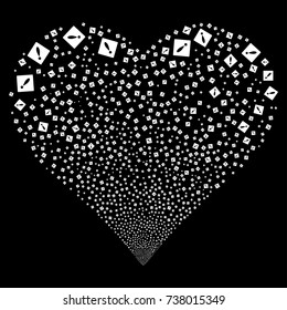 Error fireworks with heart shape. Vector illustration style is flat white iconic symbols on a black background. Object love heart made from confetti icons.