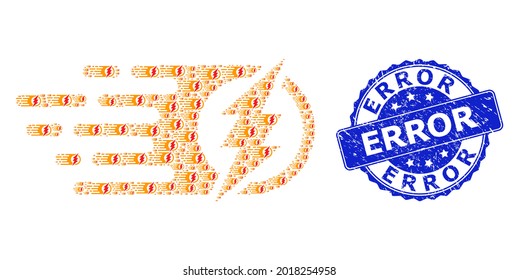 Error grunge round seal print and vector recursive collage electric spark. Blue stamp seal has Error title inside circle shape. Vector mosaic is designed with recursive electric spark pictograms.