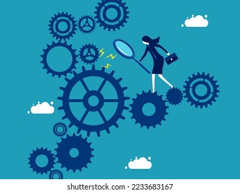 An error has been detected. Businesswoman checking gears. Vector illustration