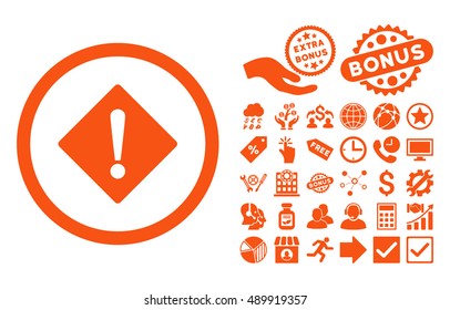 Error icon with bonus elements. Vector illustration style is flat iconic symbols, orange color, white background.