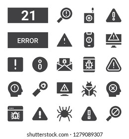 error icon set. Collection of 21 filled error icons included Error, Warning, Bug, Failure, Alert, Malware, Information sign, Attention