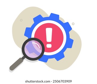 Error issue investigation inspect icon vector flat cartoon graphic illustration, system bug research review sign symbol, technical problem exam audit, find search glitch alert image clip art 