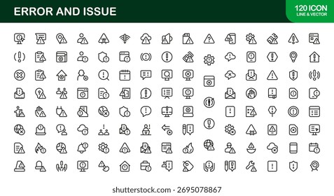 Símbolos de Erro e Problema ou de Tecnologia - Conjunto de Ícones de Linha Profissional com Designs Mínimos de Erro e Problema em Pixel-Perfect, Estilo de Vetor Editável