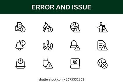 Símbolos de Erro e Problema ou de Tecnologia - Conjunto de Ícones de Linha Profissional com Designs Mínimos de Erro e Problema em Pixel-Perfect, Estilo de Vetor Editável