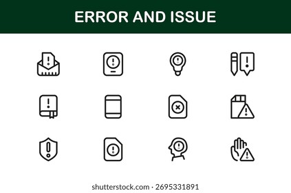 Símbolos de Erro e Problema ou de Tecnologia - Conjunto de Ícones de Linha Profissional com Designs Mínimos de Erro e Problema em Pixel-Perfect, Estilo de Vetor Editável