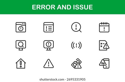 Símbolos de Erro e Problema ou de Tecnologia - Conjunto de Ícones de Linha Profissional com Designs Mínimos de Erro e Problema em Pixel-Perfect, Estilo de Vetor Editável