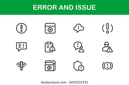 Símbolos de Erro e Problema ou de Tecnologia - Conjunto de Ícones de Linha Profissional com Designs Mínimos de Erro e Problema em Pixel-Perfect, Estilo de Vetor Editável