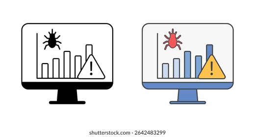 Ícone do painel de controle de registro de erros com um bug, gráfico e símbolo de alerta, em estilos de estrutura de tópicos e cores, perfeito para visualizar monitoramento baseado em nuvem e rastreamento de problemas de software.
