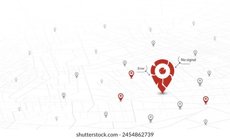 Error with maps navigation with red color point markers. Navigation system broke. Vector illustration on white background