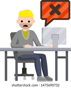 Error message in the computer. Shocked man is sitting at a table with a monitor. Virus and bug. Hacking the data system. Cartoon flat illustration. Office work and freelance. Problem with the program