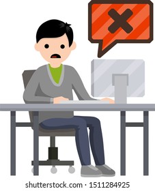 Error message in computer. Shocked man is sitting at table with monitor. Problem with program. Hacking data system. Cartoon flat illustration. Office work and freelance. Virus and bug