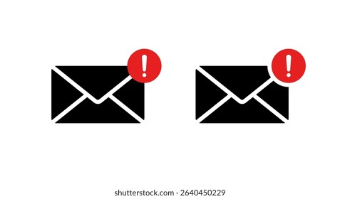 Error message icon isolated on white background. Email with exclamation mark symbol. Warning sign on mail envelope concept