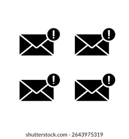 Error message icon set. Email with exclamation mark symbol. Warning sign on mail envelope