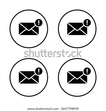 Error message icon set. Email with exclamation mark symbol on circle line. Warning sign on mail envelope