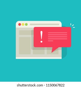 Error message important notice vector illustration, flat cartoon exclamation alert notification on browser website page, internet error