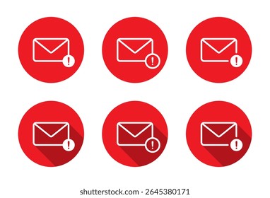 Error message notification icon with long shadow. Email envelope with exclamation mark symbol. Warning mail sign