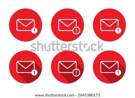 Error message notification icon with long shadow. Email envelope with exclamation mark symbol. Warning mail sign