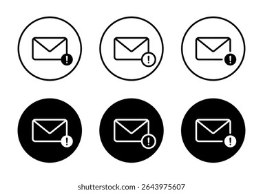 Error message notification icon on black circle. Email envelope with exclamation mark symbol. Warning mail sign