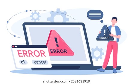 Error message on laptop. Computer outage. Issue and technical problems. Errors in code. Programmer and IT specialist, system administrator with computer. Flat vector illustration