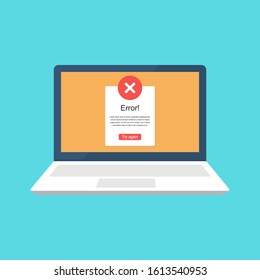 Error Message On Laptop Screen. Crash, Error, Failure Of The System. Flat Color Icon Vector.