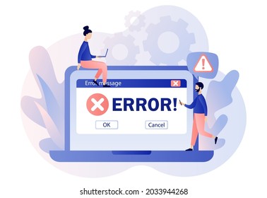 Error message on laptop screen. Tiny people examining operating system error warning window on computer. Modern flat cartoon style. Vector illustration on white background