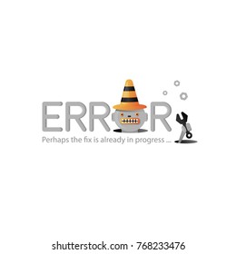 Error message on the site page. A mechanical robot repairs and corrects an error. 
There is a wrench and nuts