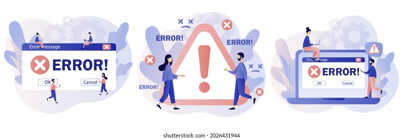 Error message. Tiny people examining operating system error warning window on smartphone and computer. Modern flat cartoon style. Vector illustration on white background