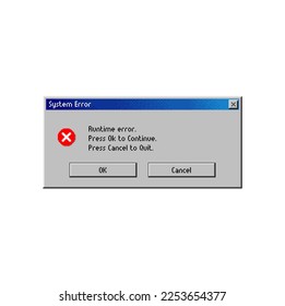 Error message window on computer system warning screen, vector popup message. Runtime error or PC alert message window option button to cancel, quit and continue, computer system error notification