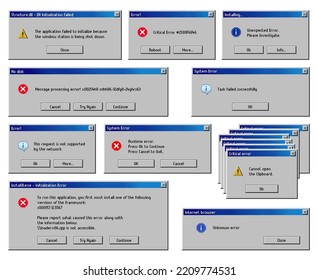 Error message windows, computer system warning, vector, PC alert popup screen interface. Critical error message windows of runtime notification with continue, quit and reboot option for unknown error