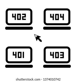 Error messages. Page not found screen. 404 icon. Web page displays set with cursor symbol.