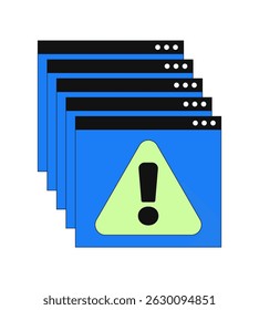 Error messages web multiple popups 2D cartoon object. Overlapping browser windows with alert triangle and exclamation mark isolated element flat vector clip art on white. Spot illustration