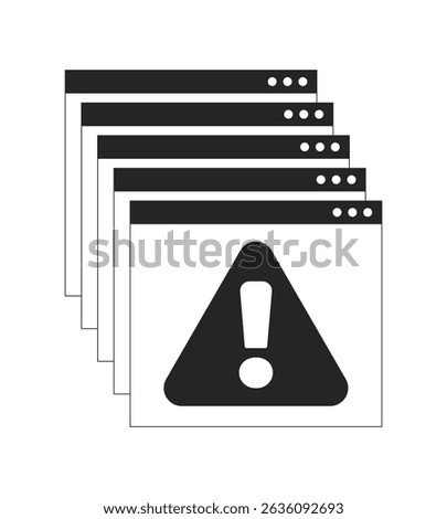 Error messages web multiple popups 2D line object. Overlapping browser windows with alert triangle and exclamation mark isolated clipart vector ink outline item. Monochrome spot illustration