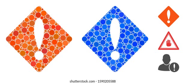 Error mosaic of small circles in various sizes and shades, based on error icon. Vector filled circles are organized into blue mosaic. Dotted error icon in usual and blue versions.