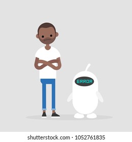 Error. New technologies.  Miscommunication between young millennial character and a robot. Flat editable vector illustration, clip art