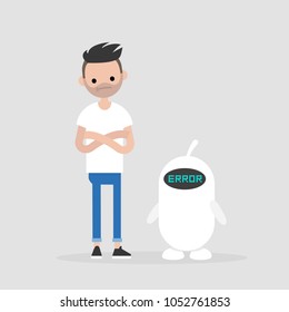 Error. New technologies.  Miscommunication between young millennial character and a robot. Flat editable vector illustration, clip art