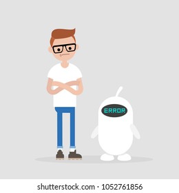 Error. New technologies.  Miscommunication between young millennial character and a robot. Flat editable vector illustration, clip art