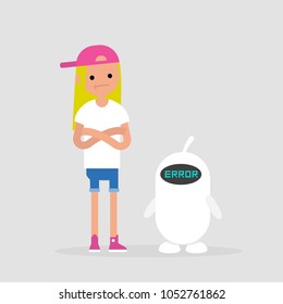 Error. New technologies.  Miscommunication between young millennial character and a robot. Flat editable vector illustration, clip art
