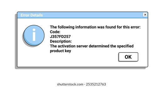 Ventana de notificación de errores en estilo retro con descripción en estilo azul. Antiguo mensaje de advertencia digital.