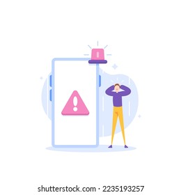 an error occurred on the smartphone. malware attacks and system errors. broken smartphones. a user gets a danger warning notification on his smartphone. illustration concept design. vector elements