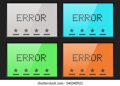 ERROR on code entry digital display. Colored set. Vector illustration isolated on white background.